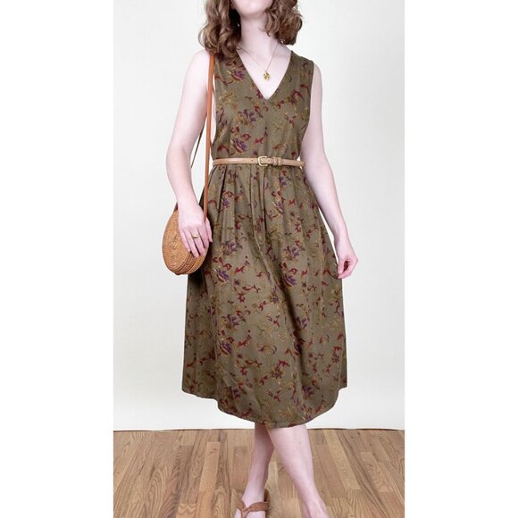 Vintage Floral Pinafore Midi Maxi Dress Pleated Relaxed Fit Whimsigoth Rustic - Picture 8 of 8